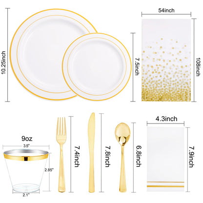 GATHER 176 Pieces Gold Dinnerware Disposable - White and Gold Plastic Plates Includes 50 Plates, 25 Plastic Silverware, 25 Napkins, 25 Cups and 1 Tablecloth for Wedding Party