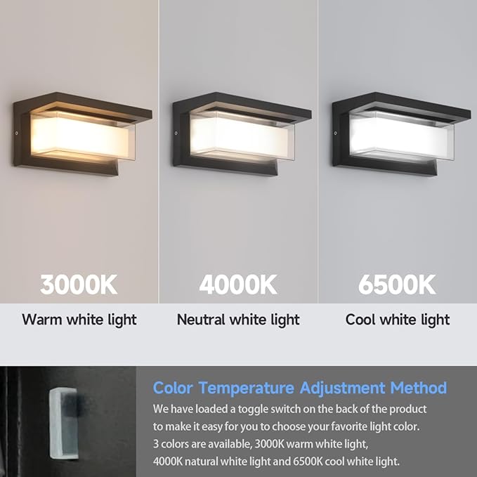 Outdoor Porch Light,15%-100% Dimmable Indoor Wall Light Fixtures,3000K/4000K/6500K Adjustable,24W Exterior Wall Lighting,Waterproof Outdoor Modern Wall Sconce Lights,2160LM Indoor Wall Sconce 2 Pack