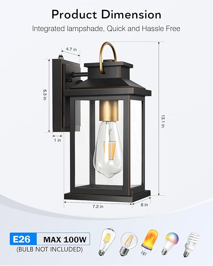 VIANIS Porch Lights Outdoor, Black Gold Accents Dusk to Dawn Exterior Garage Lighting Fixtures Wall Mount for House, Modern Outdoor Wall Sconce Lanterns Lighting for Front Porch Patio, Anti-Rust