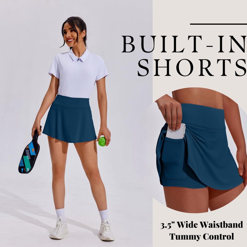 PINSPARK Tennis Skirts for Women Workout Golf Skorts Pleated High Waisted Athletic Skirt with Pockets,Dark Blue Small