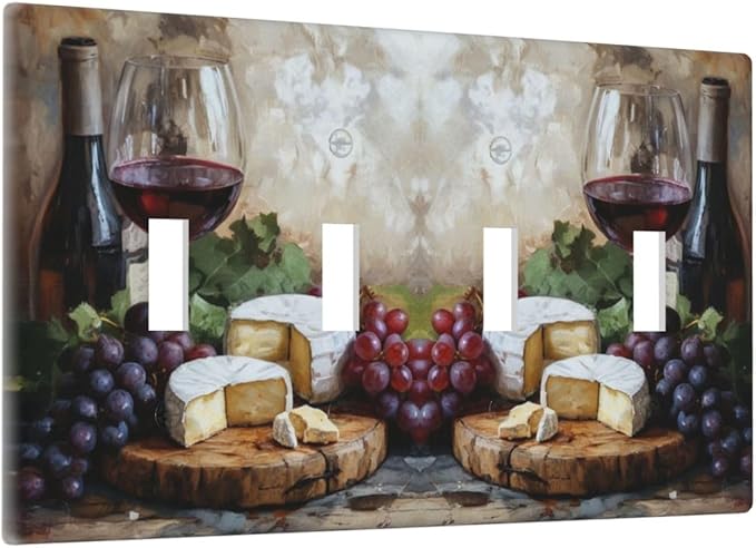 Decorative Art Light Switch Covers Wineglass & Artisanal Cheeses Quad Toggle 4 Gang Wall Plate Switch plate Electrical Faceplate for Home Decor