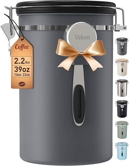 Veken Coffee Canister, 39OZ Large,Airtight Stainless Steel Food Storage Container for 2.2lbs Beans,Ground,Sugar,Espresso,Rice,Tea,Flour,Cereal,Cookie,Lids,Jars,Gifts,Scoop,Kitchen Bar Accessories,Gray