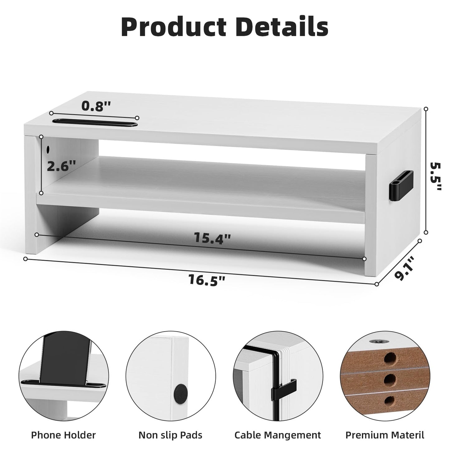 Marbrasse Monitor Stand Riser, 16.5 Inch 2 Tier Computer Printer Shelf Stand for Laptop Computer Screen Storage, Desktop Stand with Phone Holder and Cable Management (White)