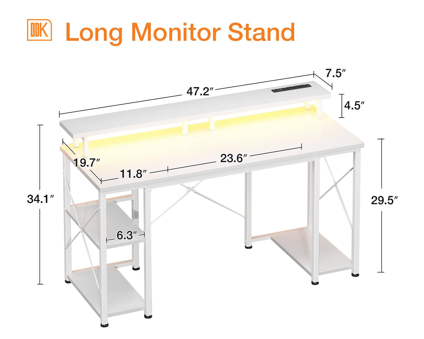 ODK 48 inch Gaming Desk with LED Lights & Power Outlets, Computer Desk with Monitor Stand & Storage Shelves, CPU Stand, Home Office Desk, White