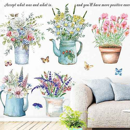 Wall Decals, Butterfly and Flower Pots Pattern, Floral Theme Stickers