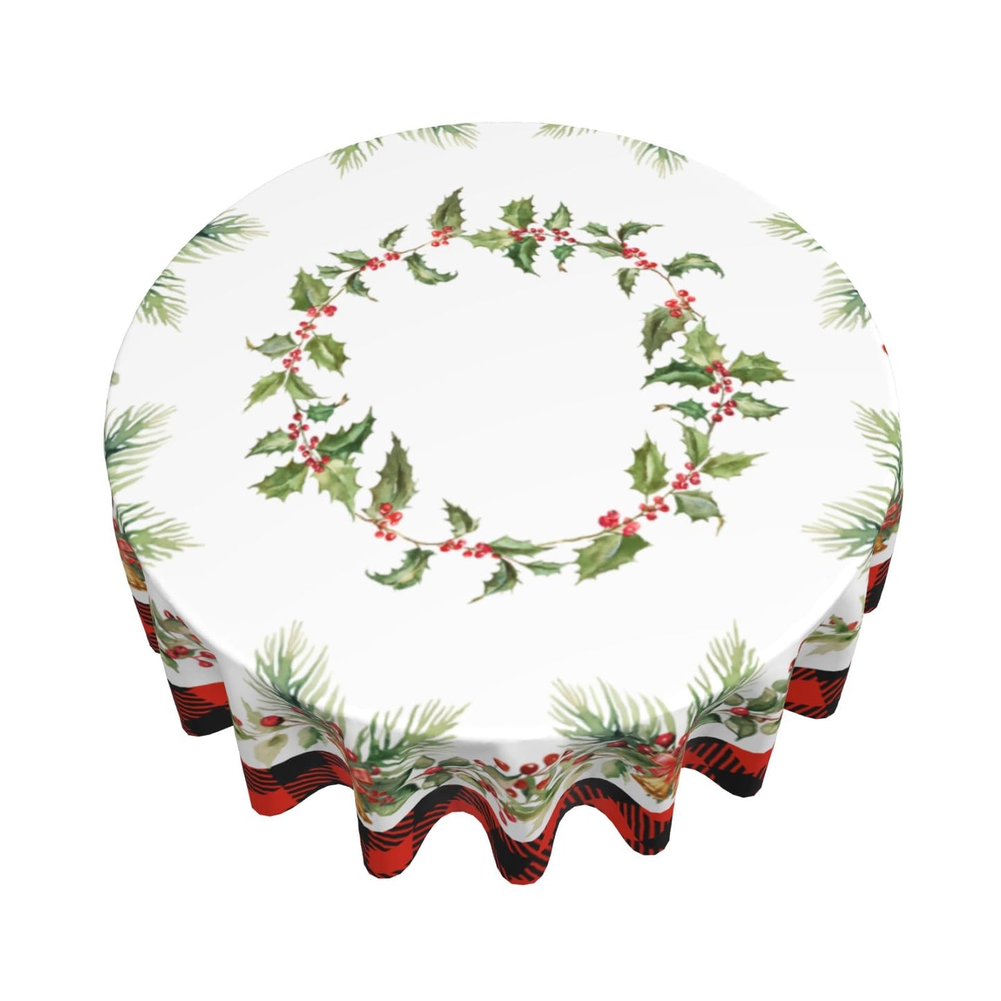 Giwawa Christmas Round Tablecloth for Kitchen Dining, 60Inch Xmas Holly Berries Bells Bows Table Cloth, Red Black Buffalo Plaids Non-Slip Table Cover for Holiday Picnic Tabletop Decor