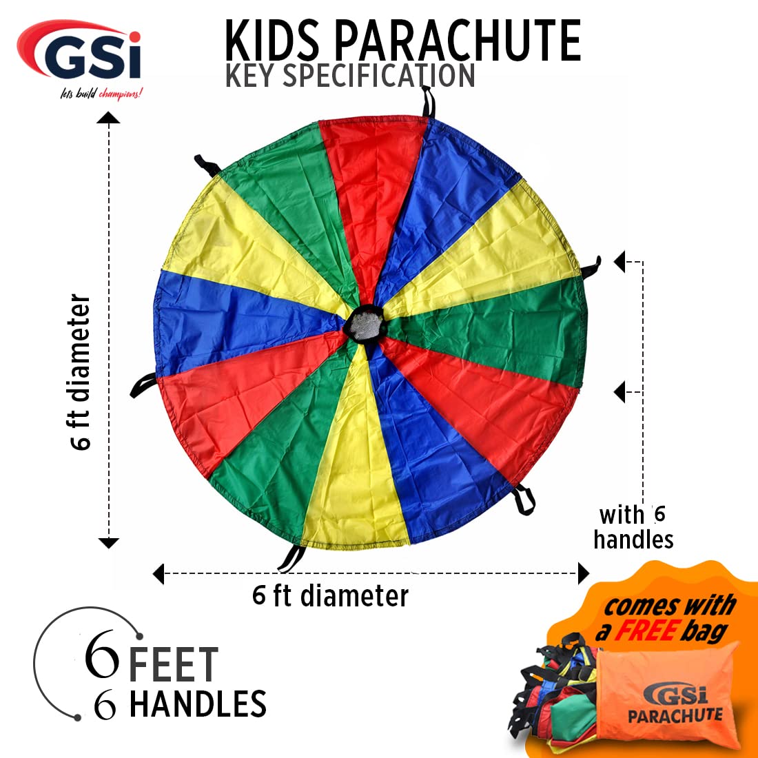 GSi Kids Play Parachute Rainbow Parachute Toy Tent Game for Kids Gymnastics Cooperative Play and Outdoor Playground Activities (6 Feet)