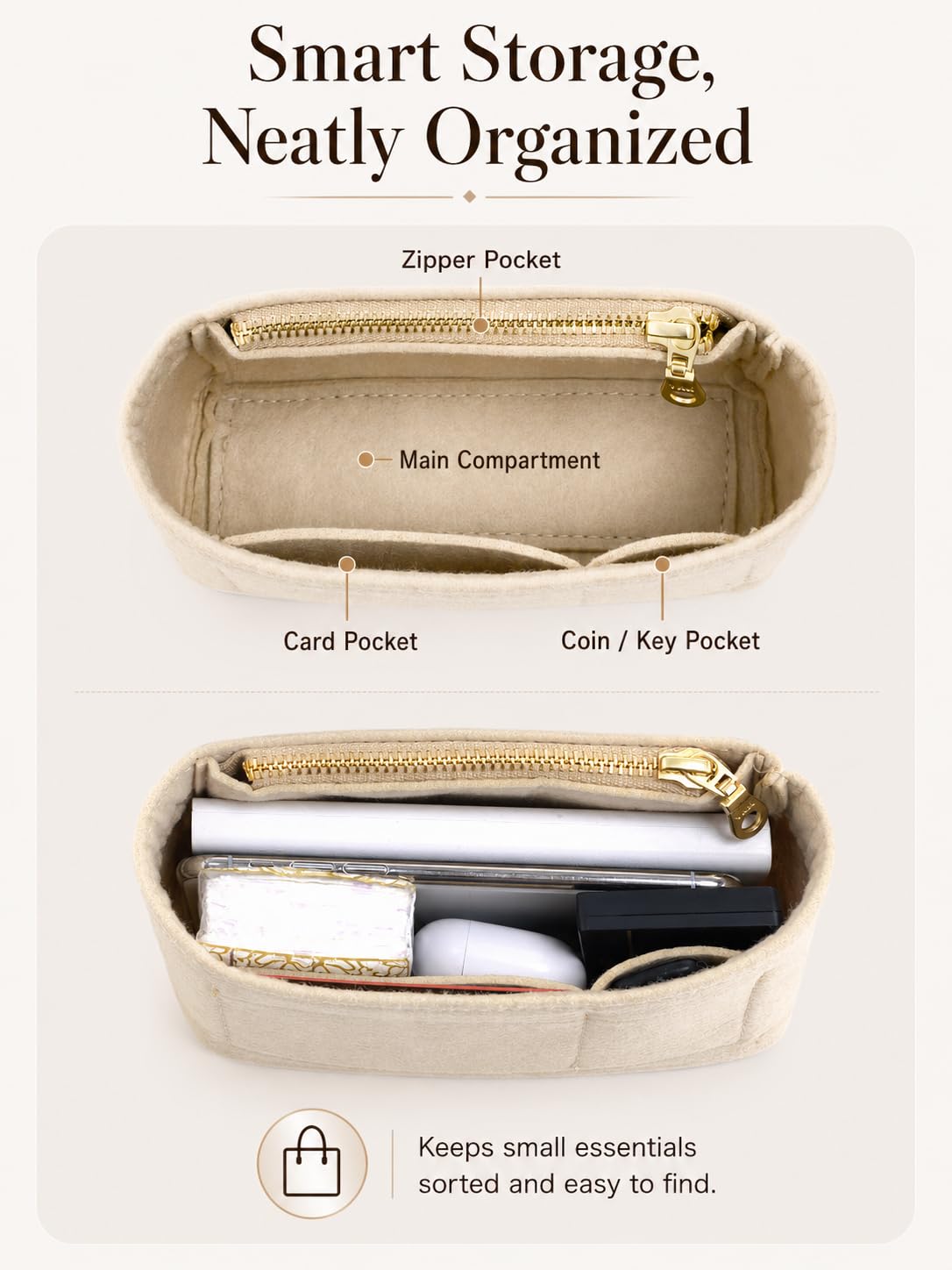 ATSEKTZ Purse Organizer Insert & Leather Strap Conversion Kit Set, Compatible with Longchamp Le Pliage Mini Bag – Felt Inner Liner & Adjustable Shoulder Strap, Beige