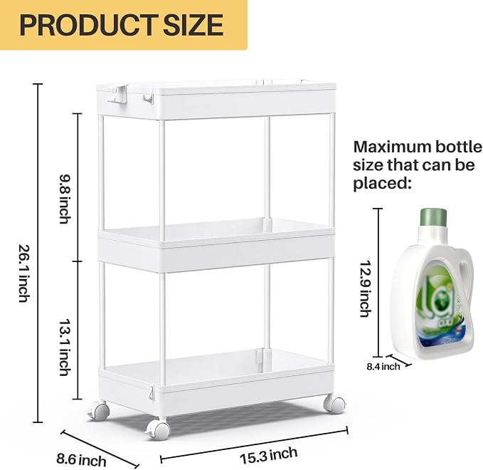 SPACEKEEPER Storage Rolling Cart, 3 Tier Laundry Room Organization Utility Cart Bathroom Organizer Mobile Shelving Unit Shelves Multi-Functional Trolley, White