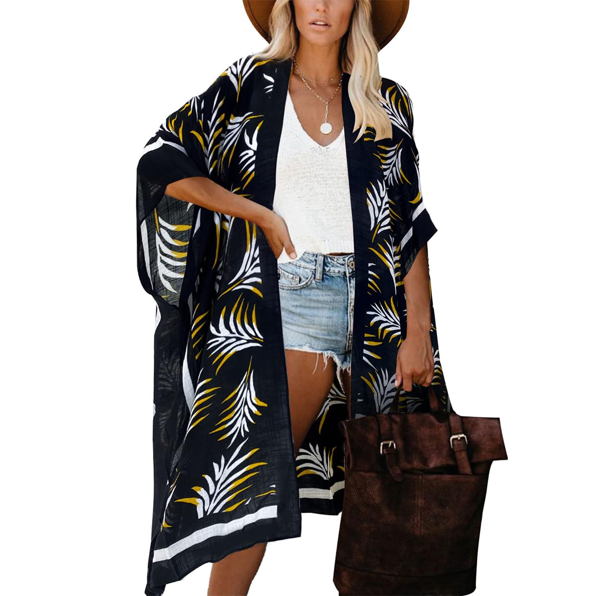 Moss Rose Women's Beach Cover up Swimsuit Kimono Cardigan with Bohemian Floral Print
