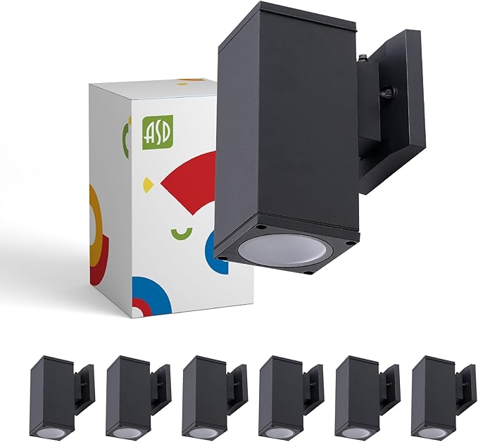 ASD 1 Light Square Dusk to Dawn Outdoor Wall Light Fixture | 60W E26 Socket 120V ETL Cylinder Up Down Lights | LED/CFL/Incandescent Bulb Exterior Wall Sconce | Front Door, Porch, Patio | Black, 6 Pack