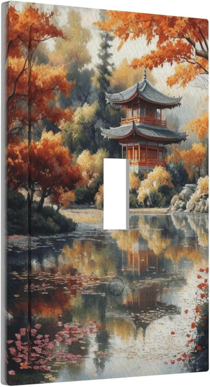 Decorative Art Light Switch Covers Lake & Pagoda in Fall Single Toggle Wall Plate Decorative Switchcover Electrical Switchplate for Home Decor