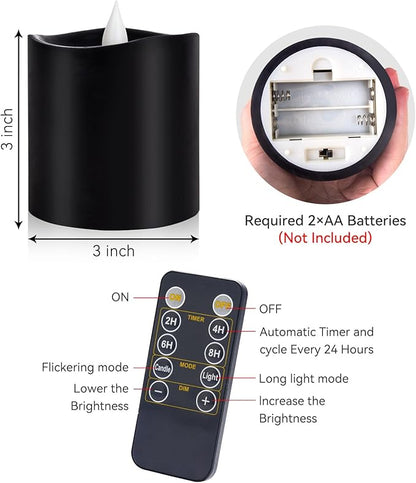 Black Flameless LED Candles - 3" x 3" Real Wax, Battery Operated with Remote Timer, 3D Flickering, Lasts 600+ Hours, Halloween & Christmas Deco (Black, 3"*3"-1pcs)