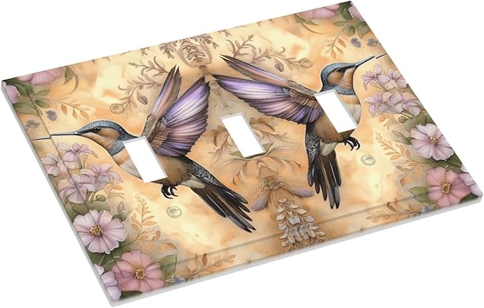 Decorative Art Light Switch Covers Blossom & Hummingbird 3 Gang Triple Toggle Wall Plate Decorative Switch plate Electrical Faceplate for Home Decor