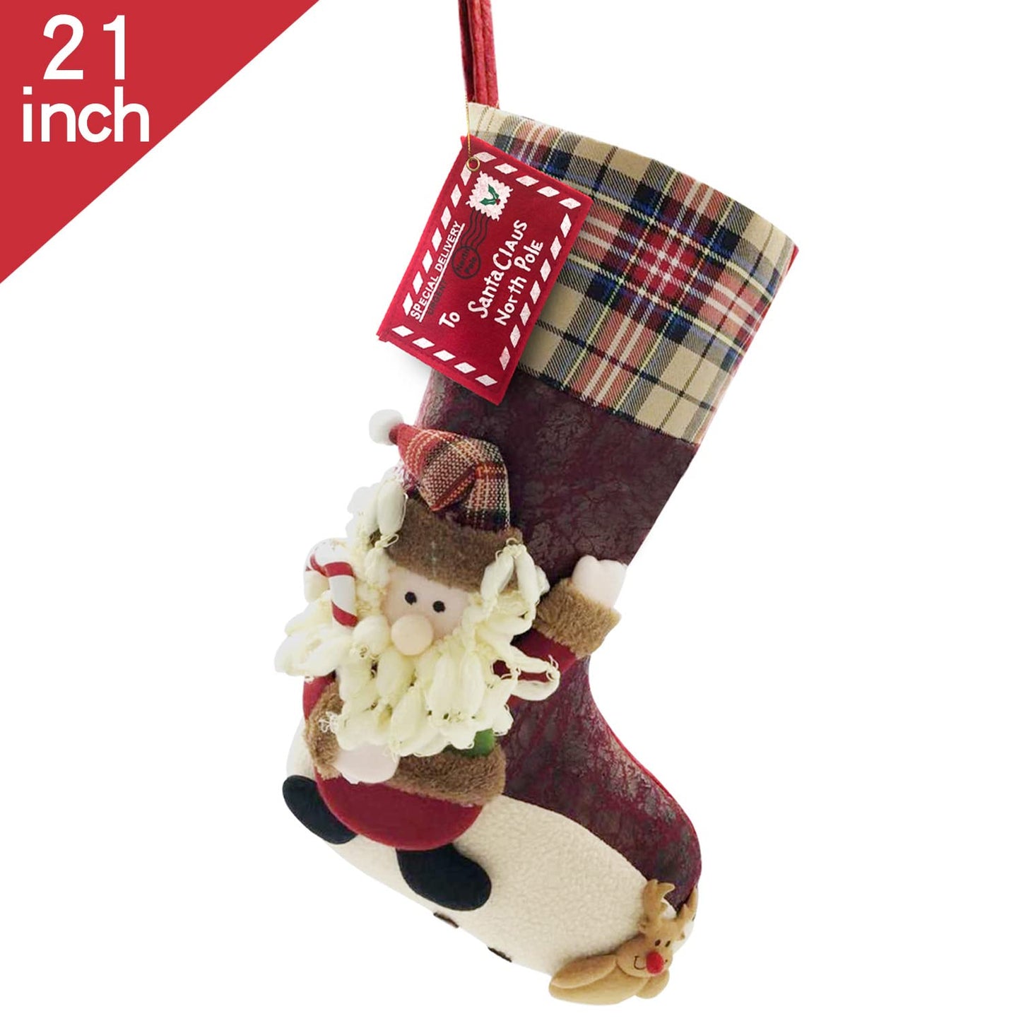 ETERAMUS 21 inch Plaid Christmas Stockings Santa Claus with Deer, Bear, Animal One Piece, Felt Large Plush 3D Reindeer Xmas Stocking for Girls Boys Tree Mantel Party Décor (Red Santa Claus)