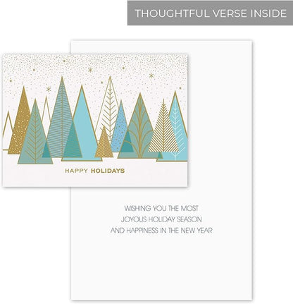 Masterpiece Contemporary Trees Gold Foil Holiday Cards / 15 Boxed Modern Christmas Cards With Shiny Foil Lined Envelopes / 5 5/8" x 7 7/8" Folded Winter Greeting Cards With Inside Verse