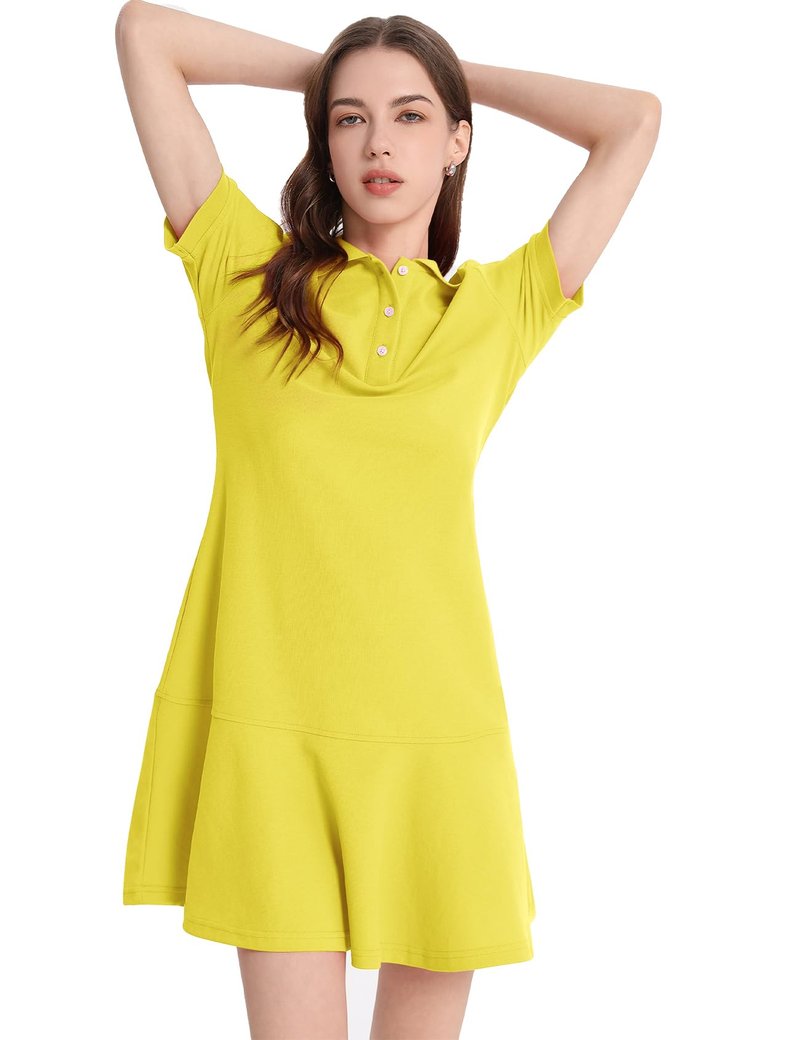 Flygo Womens Polo Dress Collared Short Sleeve Ruffle Golf Tennis T Shirt Sports Workout Mini Summer Dresses Tunic Pique(Yellow-S)