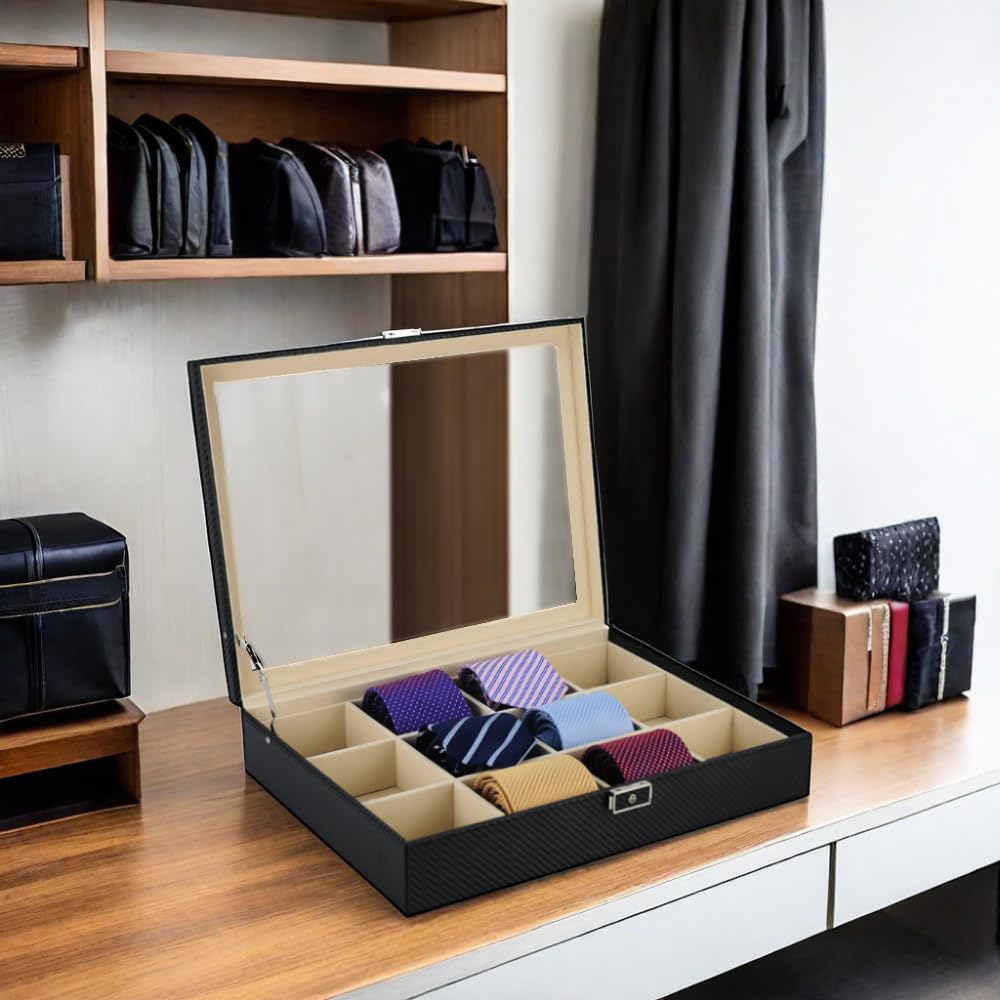 TIMELYBUYS Tie Display Case for 12 Ties, Belts, and Men's Accessories Black Carbon Fiber Storage Box Father's Day