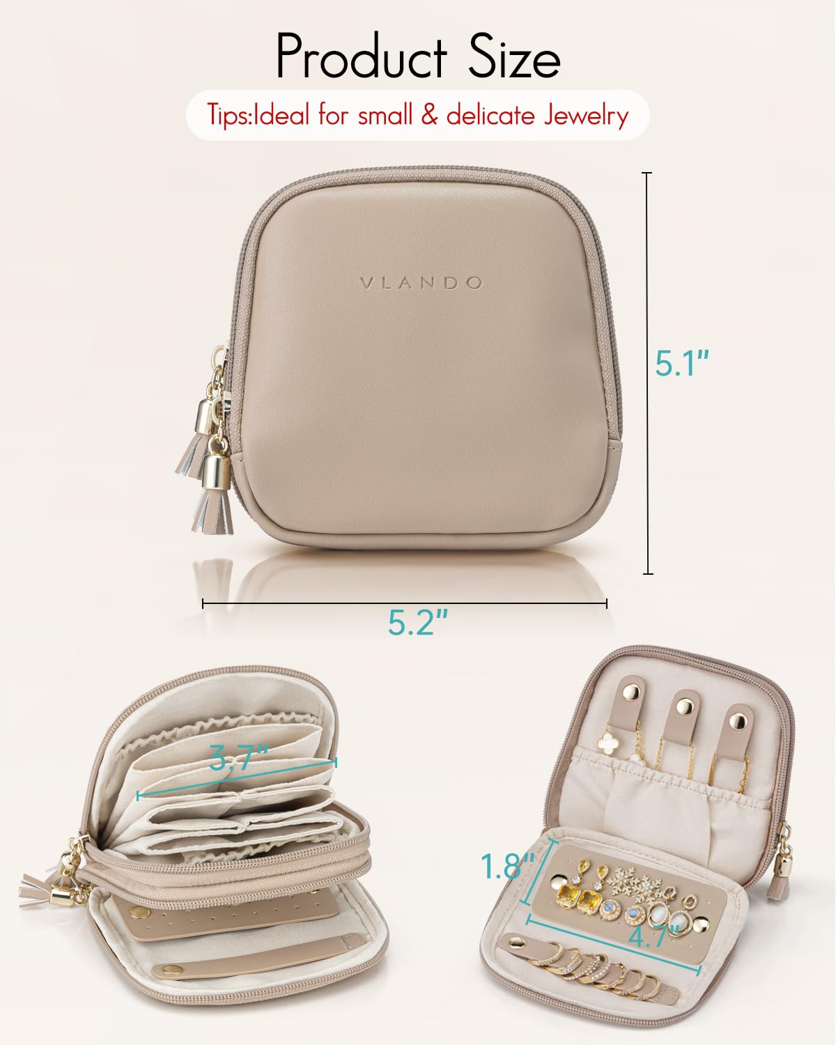 VLANDO Travel Jewelry Case,2-Layer Jewelry Organizer for Travel,Mothers Day Mom Gifts,Multi-Compartment Jewelry Storage for Rings Earrings Necklaces Bracelets-Toffee