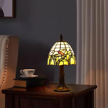Small Tiffany Table Lamp,3 Color Temperature Hummingbird Stained Glass Table Lamps for Living Room, Dining Room,Bedroom Bedside Nightstand Night Light,W/LED Bulb,6X6X13Inch