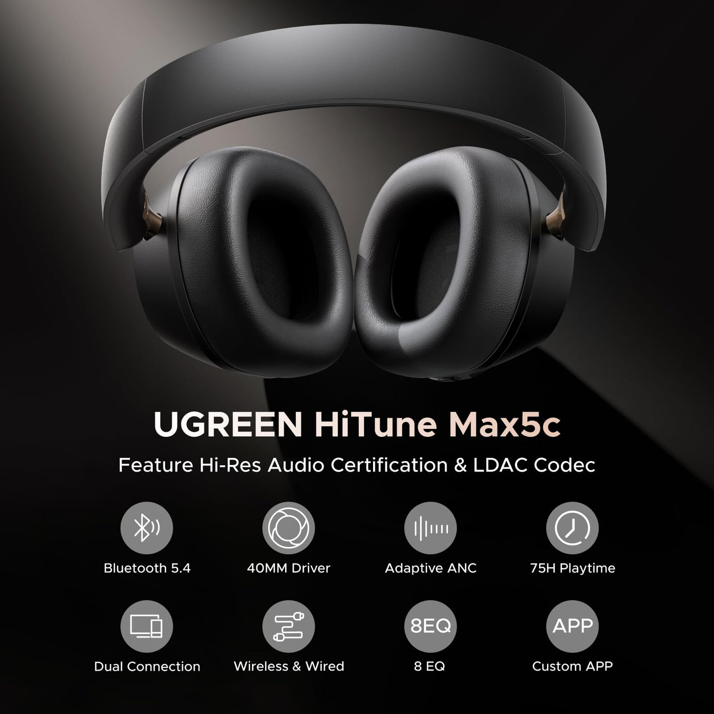 UGREEN HiTune Max5c Wireless Headphones Hybrid Active Noise Cancelling Bluetooth 5.4 ANC Over Ear Earphone, Hi-Res LDAC & Spatial Audio, Clear Call with Mic, EQ & App, 75H Playtime, Dual Connection