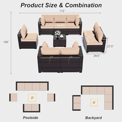 ALAULM 9 Pieces Patio Furniture Set Outdoor Sectional Sofa Sets Brown PE Rattan Patio Conversation Sets w/8 Sand Seat Cushions and 1 Coffee Table