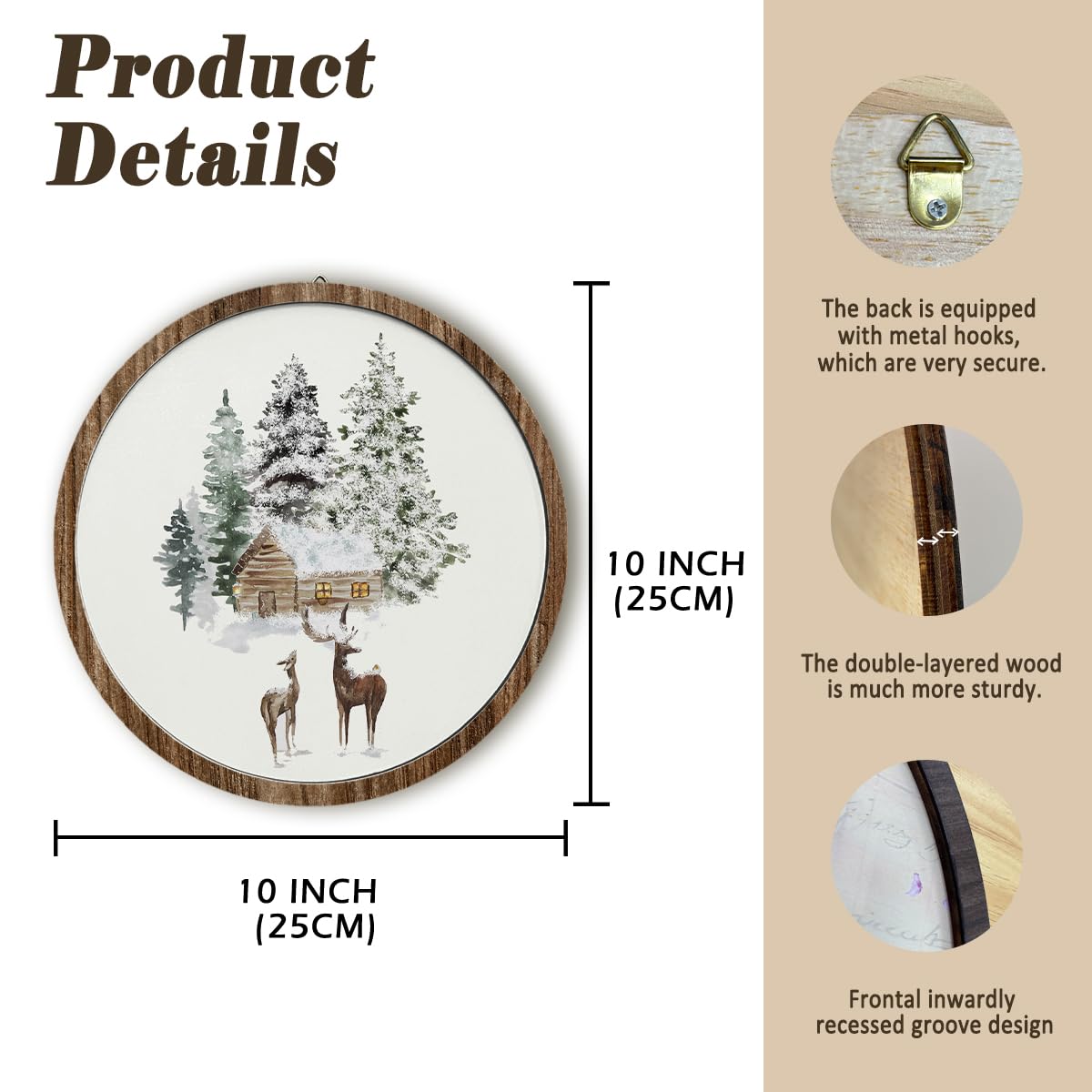 QUICQOD Winter Reindeer Christmas Wall Art Decor, Rustic Farmhouse Forest Deer Animal Winter Cabin Christmas Round Wooden Decorations Wall Hanging for Home Bedroom Living Room Decor, 9.8x9.8 Inch