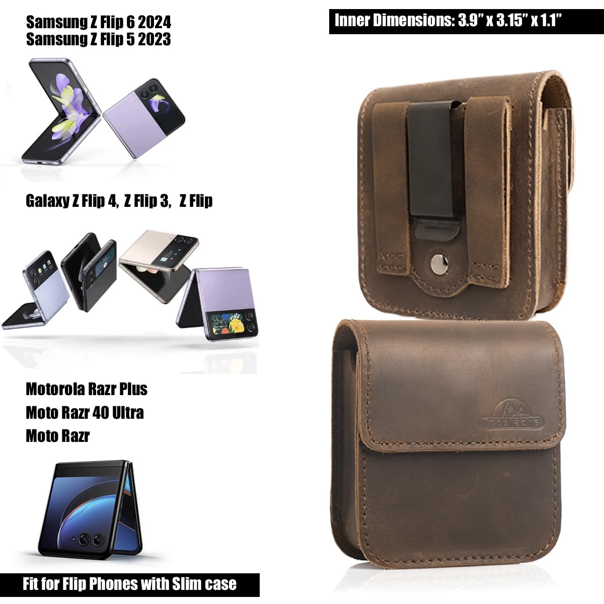 Topstache Leather Phone Holster for Samsung Galaxy Z Flip 6/5/4/3, Belt Clip Cell Phone Case for Motorola Razr Plus 2024/2023, Holster Belt Case Small Pouch for Motorola Razr 5G, Darkbrown