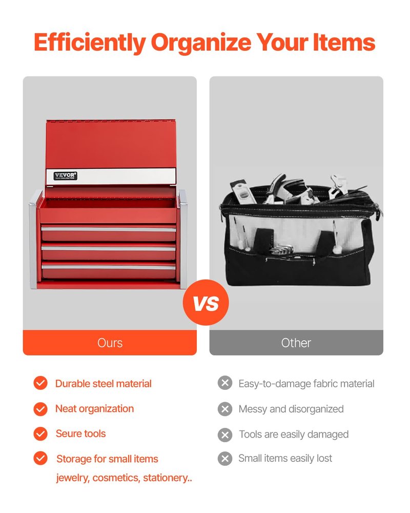 VEVOR Metal Tool Box, 8.6-inch, Portable Metal Tool Box with 3 Drawers, Small Tool Chest with EVA Liners and PP Feet Pads, Heavy-Duty Steel With Ball Bearing Opening and Powder Coated Finish, Red