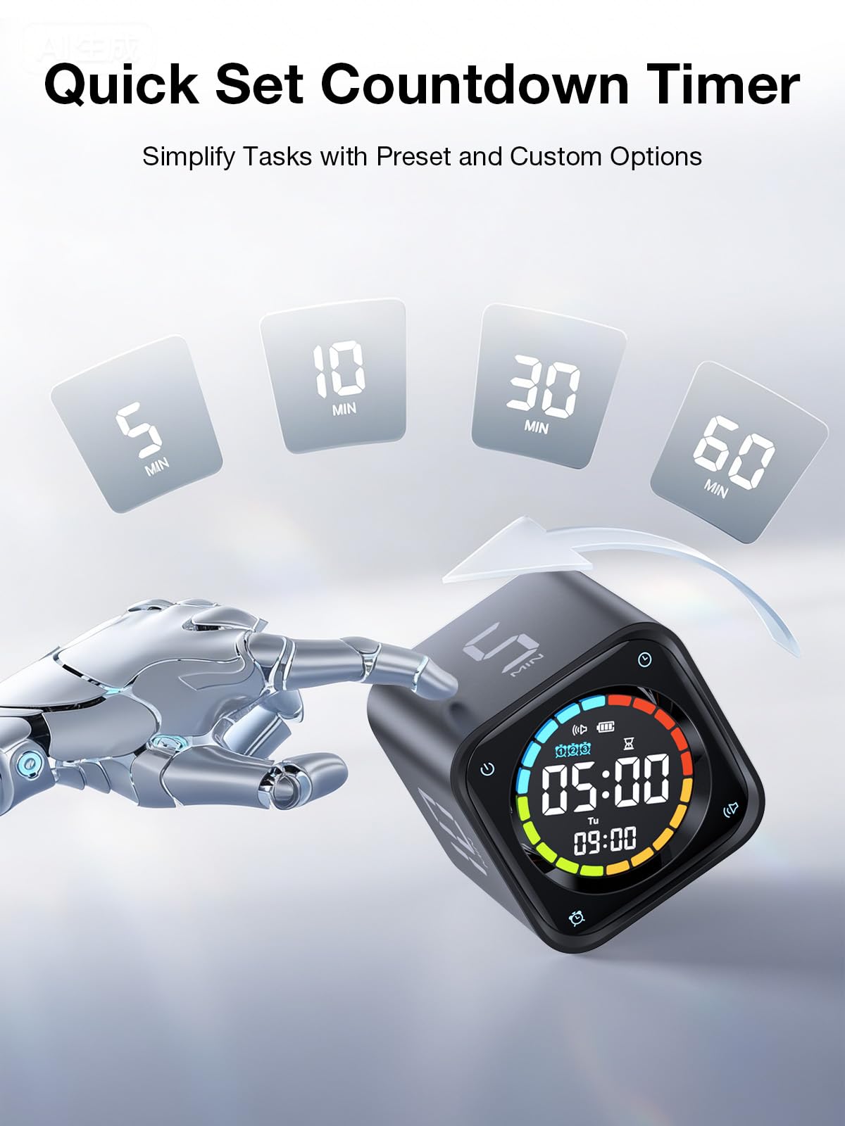 TK3 Pomodoro Timer Cube, Desk Productivity Timer with 5/10/30/60 Min Presets, Custom Countdown, Stopwatch, Clock, 3 Alarm, Silent, Vibrate & Sound Mode, for Task, ADHD, Study, Kitchen,Obsidian Black