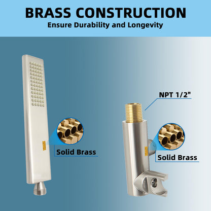 Backnets Solid Brass Handheld Shower Head Arc Design High Pressure Brushed Nickel Hand Shower Wand with Adjustable Supply Elbow Wall Connector Shower Holder and 59″ Stainless Steel Hose Set