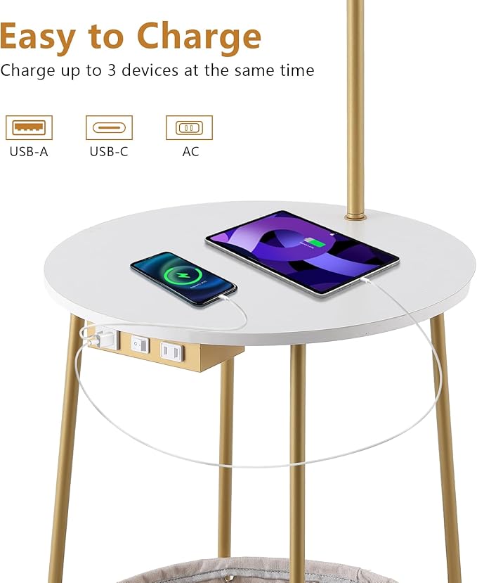 Floor Lamp with Cat Bed and Charging Station, Adjustable Lampshade, 3 Color Temperatures, Remote & Foot Switch Control, Standing Lamp with USB & AC Outlets for Living Room Bedroom, Gold
