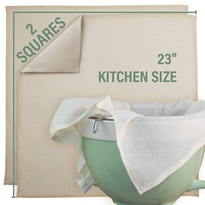 Organic Unbleached Cotton Cheesecloth for Straining - 2 Reusable Hemmed Squares, GOTS Certified, Fine Reusable Strainer – Large 23" x 23"