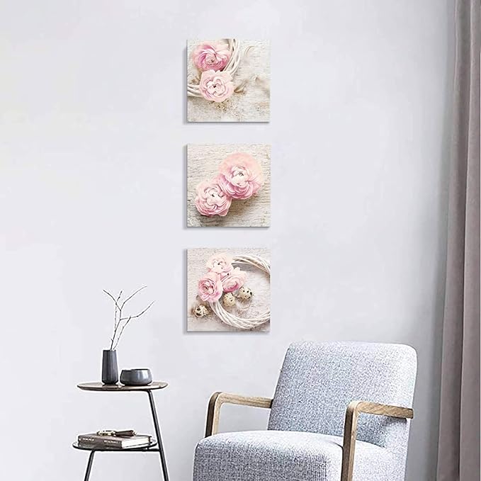 Floral Picture Canvas Wall Art: Pink Peony Flower Wreath Photographic Prints for Decor (12”x12”x3pcs)