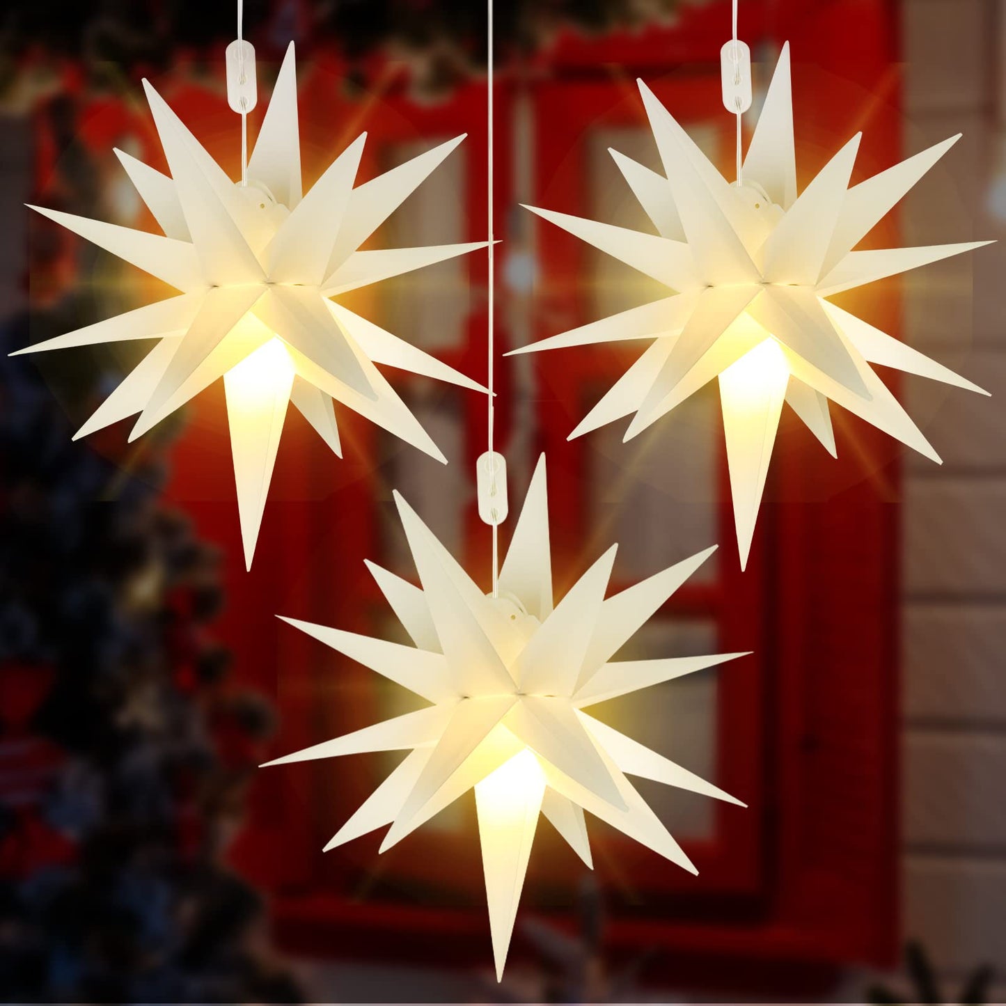 Kingdder 3 Pieces Moravian Star Light LED 3D Star Hanging Light Powered by Battery with Timer Function White Porch Lantern Holiday Decor for Indoor Outdoor Christmas Tree Balcony Courtyard (18 Inch)