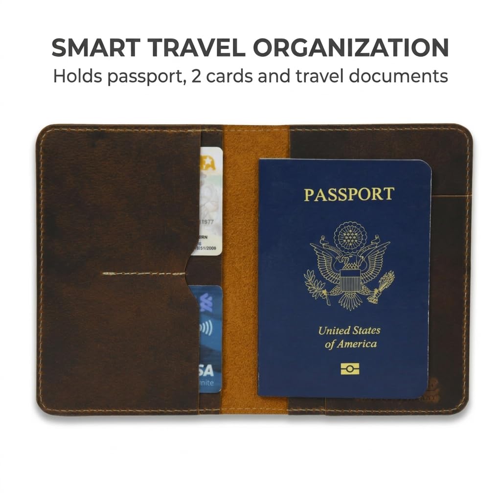 Rustique Leather Passport Holder Collection - Handmade Travel Wallet & Organizer - Full Grain Crazy Horse Leather Covers for Men & Women (Multiple Styles) (Document Organizer - Tobacco & Honey)