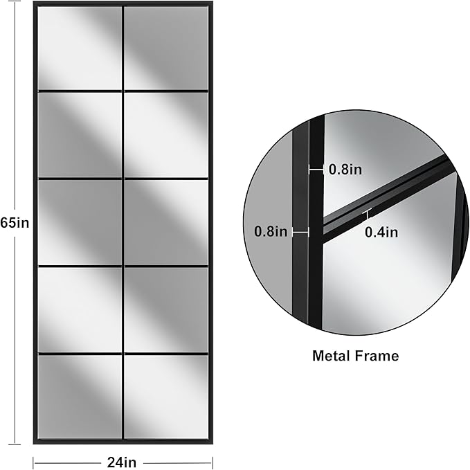 Full Length Mirror, 65"x24" Window Pane Mirror for Wall Decor, Black Full Body or Wall Mounted Mirrors, Farmhouse Standing Mirrors Hanging or Leaning for Living Room, Entryway, No Stand