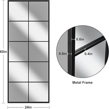 Full Length Mirror, 65"x24" Window Pane Mirror for Wall Decor, Black Full Body or Wall Mounted Mirrors, Farmhouse Standing Mirrors Hanging or Leaning for Living Room, Entryway, No Stand