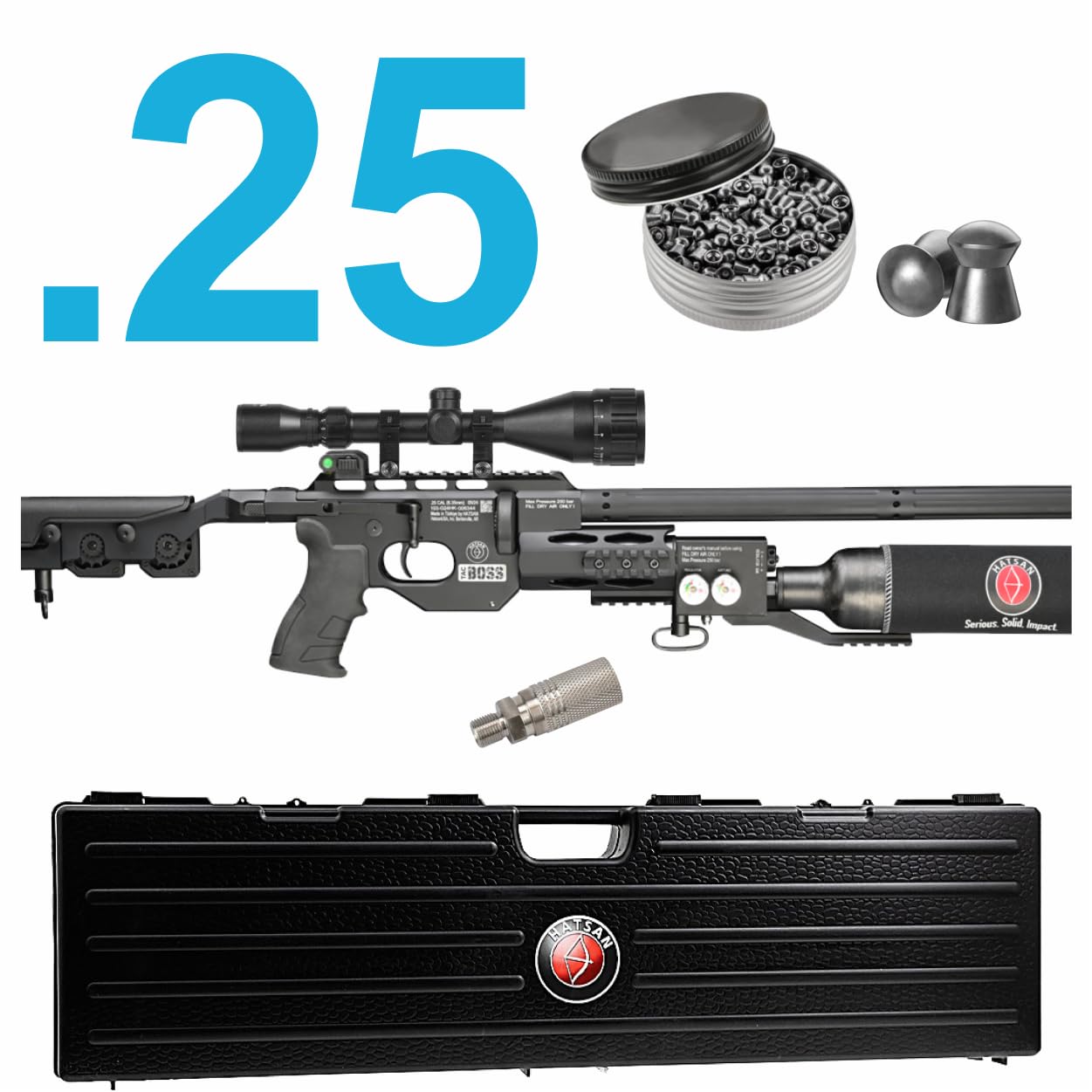 Hatsan TacBoss .25 Cal 905 FPS 37 FPE 14-Shot PCP Black Air Rifle, Side-Lever Action, 580cc Air Cylinder, Dual Pressure Gauges, QE Technology w/ Wearable4U 150x .25cal Pellets & Scope w/Mounts Bundle