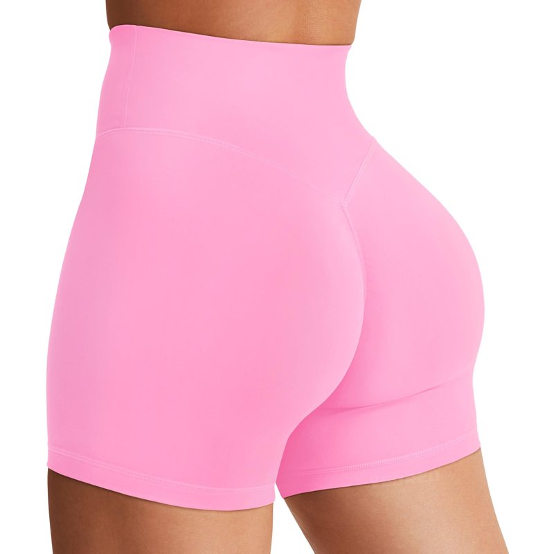 YEOREO Women's Biker Shorts 4.5" / 6" Workout Gym Shorts Craze High Waist Tummy Control Hidden Scrunch Running Yoga Bubblegum Pink M