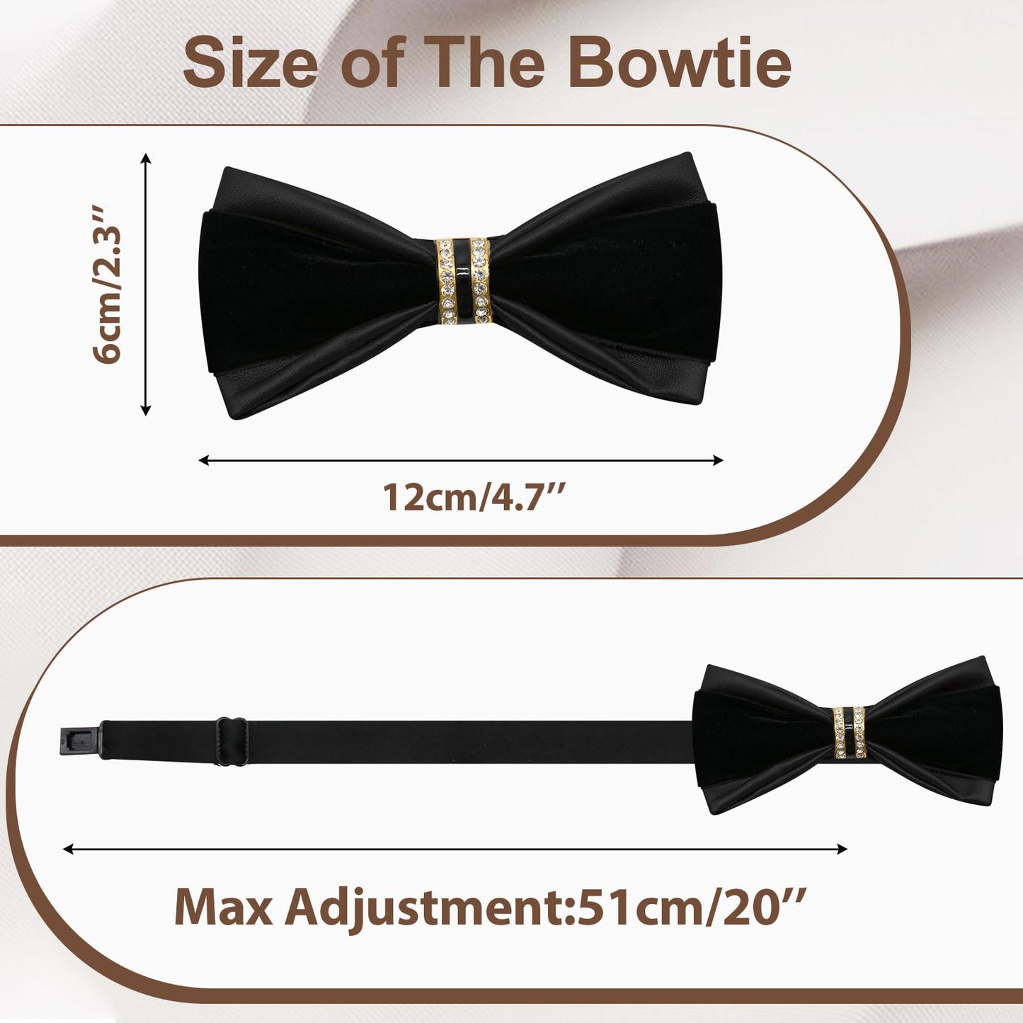 Gsyziux PU Leather Bowtie Rhinestone Velvet Bow Ties for Men, Pre-tied Adjustable Mens Bow Tie for Tuxedo Wedding Party Prom (Black)