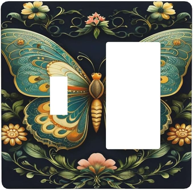 Butterfly, Ornate, Floral Design, Symmetrical, Detailed, Intricate Pattern, Vibrant Colors, Teal, Orange, Yellow, Dark Background, Decorative Art, L