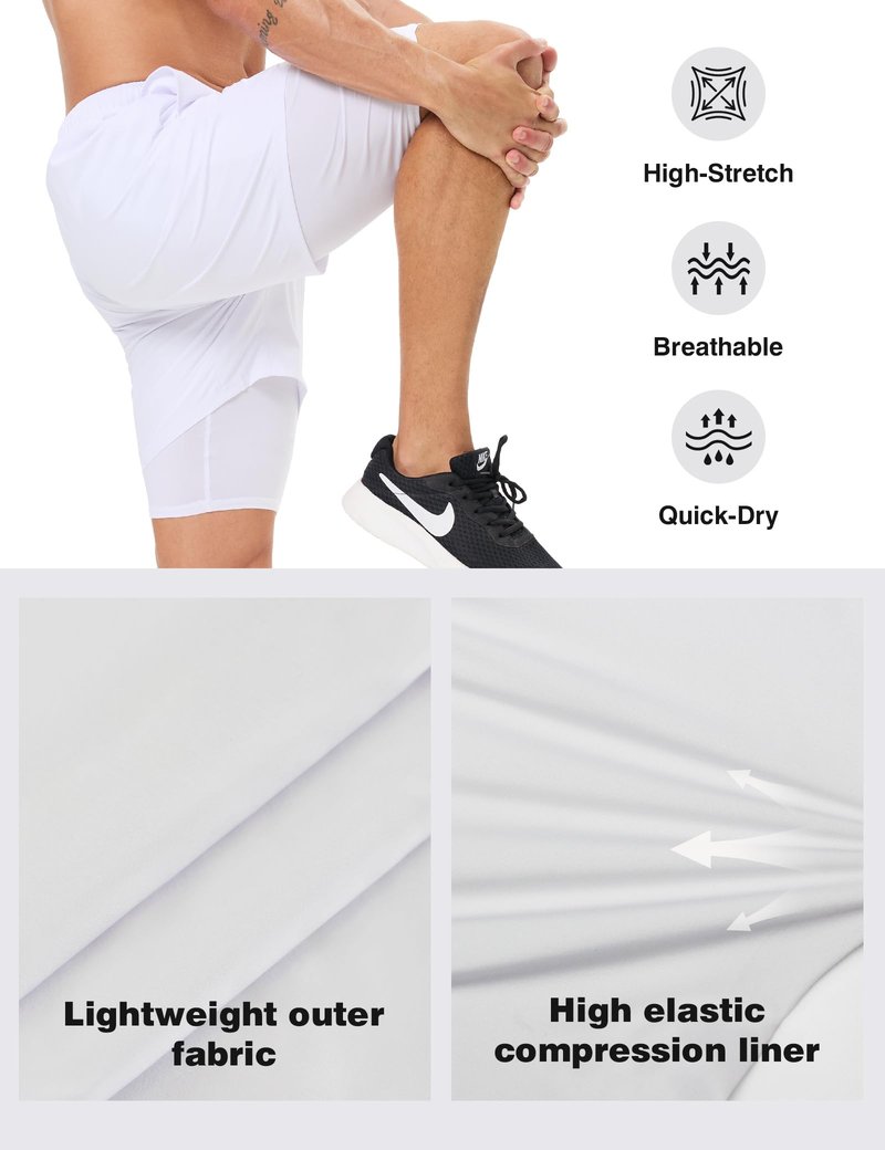 Naarts Men's 2 in 1 Athletic Running Shorts Quick Dry 5 Inch Lightweight Workout Gym Shorts with Liner and Pockets White,Large