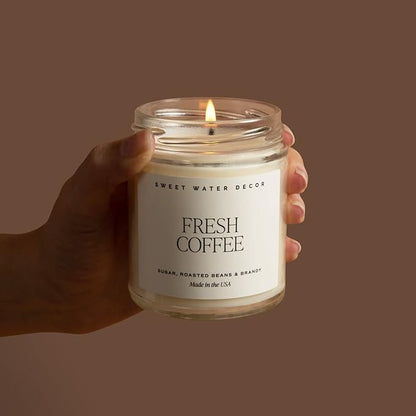 Sweet Water Decor Fresh Coffee Soy Candle - Caramel Creme, Mocha Latte and Kona Coffee Scented Candle for Home - 9oz Clear Jar + Gold Lid, 40+ Hour Burn Time, Made in The USA