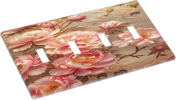 Pink Blooming Flowers Peonies Floral Light Switch Covers Quad Toggle 4 Gang Wall Plate Decorative Switch plate Electrical Faceplate for Farmhouse Living Decor
