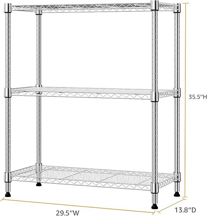 M MZG 750 lbs 3 Tier Storage Rack Metal Wire Shelving Unit, Storage Standing Shelf Organizer for Laundry Bathroom Kitchen Pantry Closet Garage Basement Utility Room, Chrome 13.8" D x 29.5" W x 35.5" H