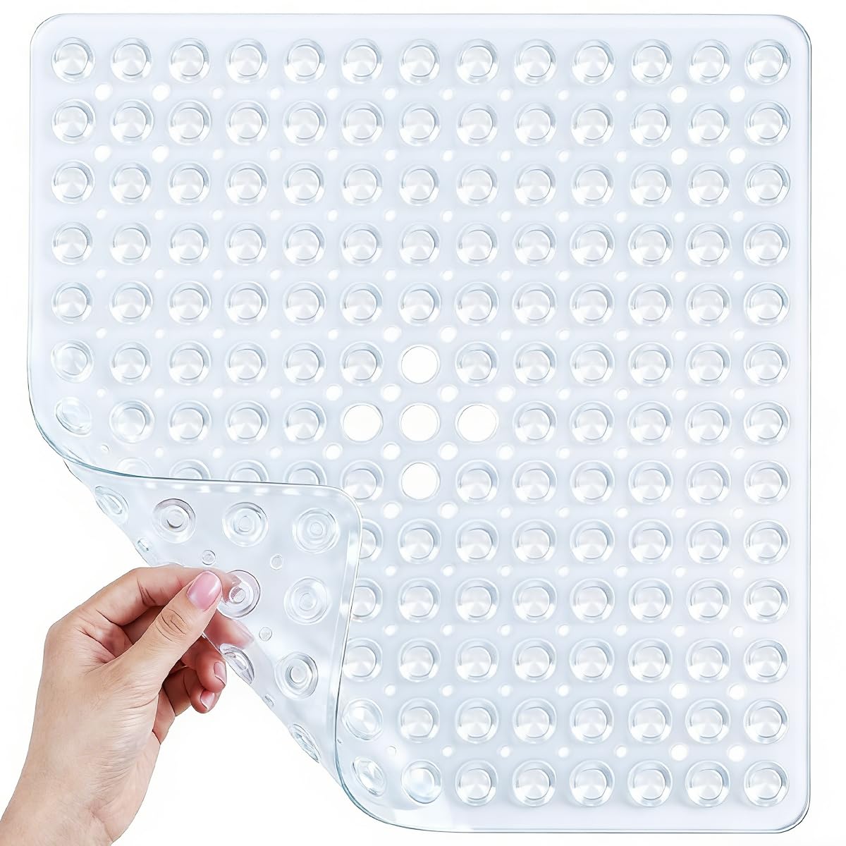 YOVLOSIN 21 x 21 Inch Shower Stall Mat Non Slip, Square Bath Mat for Stand Up Showers with Suction Cups and Drainage Holes, Machine Washable, Clear