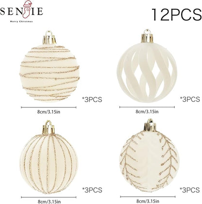 3.15INCH Beige Velvet Ornaments for Christmas Tree, 12PCS Glitter Flocked Christmas Ornaments Decorations Balls Set Decor