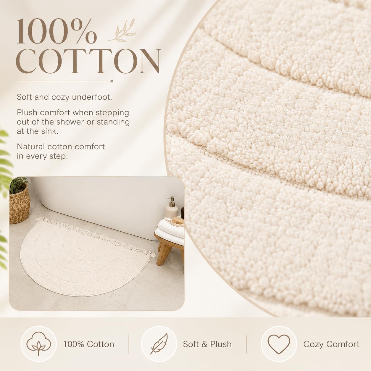 BIEN BEAU Unique Boho Half Moon Bath Rug – Ivory - 100% Cotton Bathroom Rugs - Stylish Non-Slip Bohemian Rug for Bath and Bedroom – Cute Boho Decor 20 x 38 inch