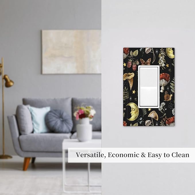 Nature Plant Botanical Daisy Mushroom Snails And Moon Single Rocker/Decora Light Switch Plate Decorative 1 Gang Outlet Cover Faceplate GFCI Electrical Receptacle Wallplate Dimmer for Home Decor
